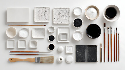 Artistic ceramic supplies and pigments arranged with brushes pottery black