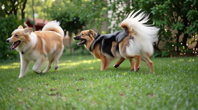 Happy Dogs Playing Together in Garden