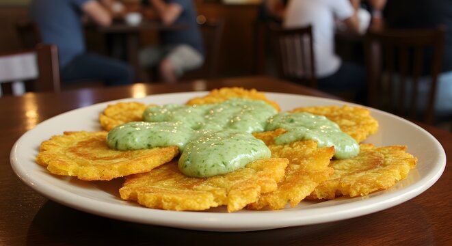 A ceramic plate of tostones with garlic mojo sauce on a restaurant table