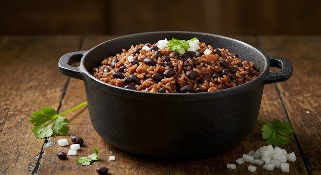 An iron pot of moros y cristianos with black beans and rice on a restaurant table