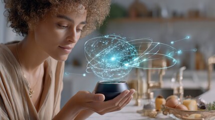 Sleek AI assistant helping woman prepare meal in kitchen