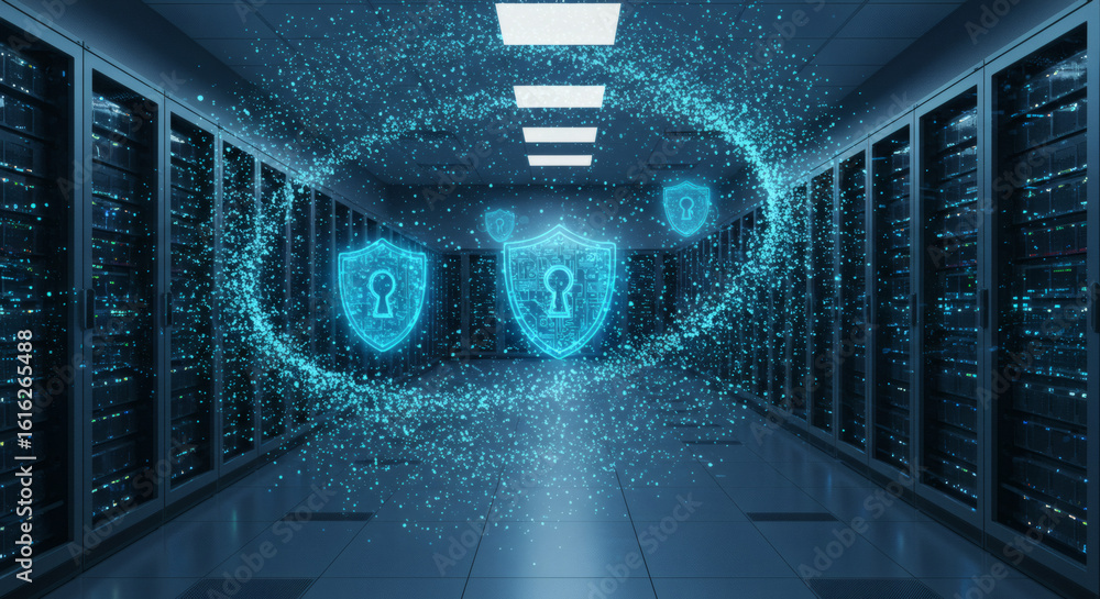 Poster cybersecurity concept with glowing digital shield icons swirling in a futuristic data center hallway