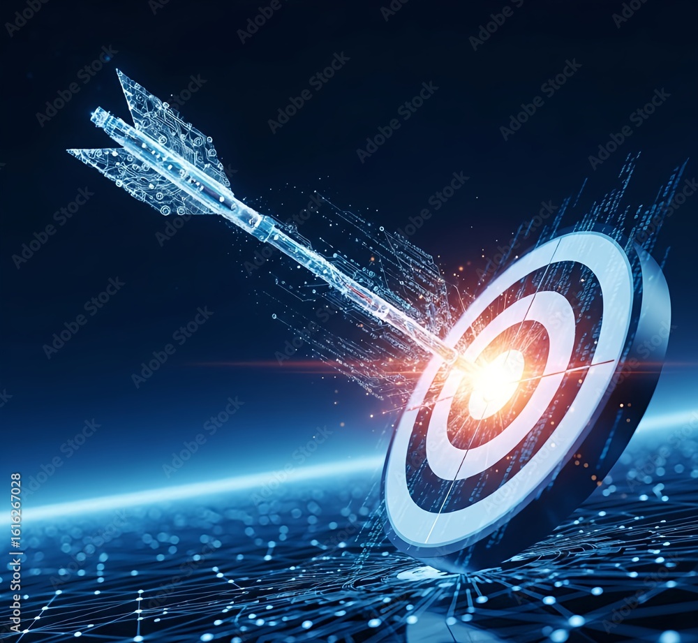 Poster arrow hitting target in the digital realm using data and cyber technologies, highlighting business s