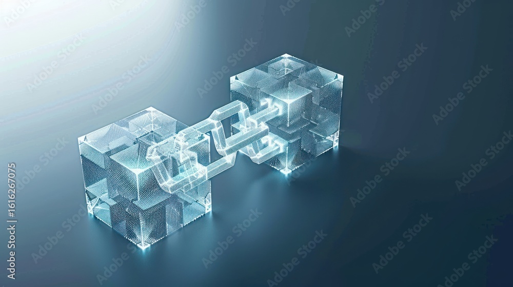 Poster blockchain technology: interconnected cubes representing data security and digital transformation
