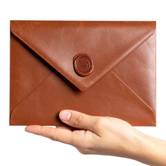 - Outstretched Hand Offering Luxe Leather Envelope with Golden Wax Seal, Soft Focus, PNG Isolated