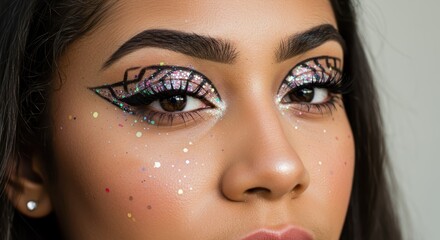 Artistic eye makeup with glitter and graphic liner