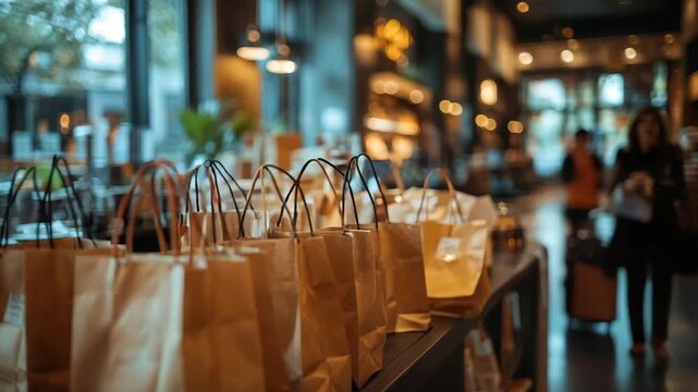 Row of brown paper shopping bags neatly placed inside a contemporary retail establishment with blurred people and warm ambient illumination