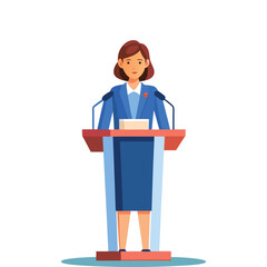 Confident Female Leader Speaking at Podium, Empowering Woman Giving Motivational Speech, Professional Businesswoman Presenting on Stage, Leadership and Public Speaking Vector Illustration