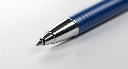 A detailed macro shot of a blue ballpoint pen's metallic tip, isolated on a clean white background.