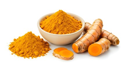 Golden turmeric powder in a bowl and fresh Curcuma longa rhizomes with slices, an aromatic spice ingredient.