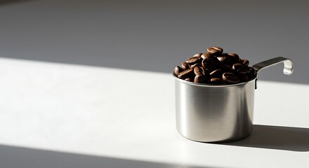 A metal measuring cup overflowing with roasted coffee beans on a white surface, illuminated by bright morning sunlight.