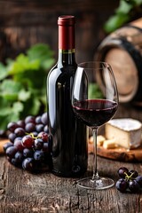 Vertical photo of bottle of red wine and filled glass on rustic wooden table, with grapes and cheese softly blurred in background. Perfect for wine promotions, menus and culinary articles