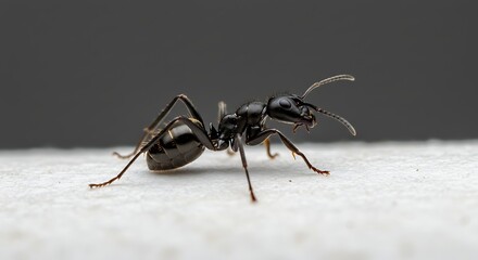 Detailed macro photography of a single black ant on a white surface. An isolated insect showing its intricate anatomy against a dark, minimalist background.