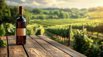 Fototapeta premium Wine Bottle on Wooden Table Overlooking Vineyard During Sunset in a Serene Countryside