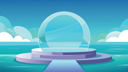 Empty glass dome on purple stage over turquoise water with clouds podium transparent