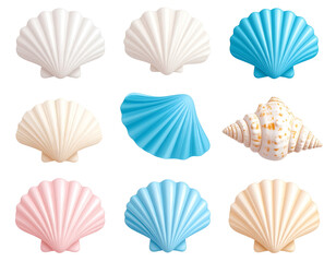 Obraz premium 3D assorted seashell collection on white background, high-resolution glossy summer be