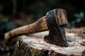 Axe head struck into a tree stump handle curved to the back weathered and coarse texture dark background