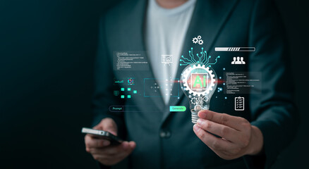 AI Technology Concept with Businessman Holding Lightbulb and Virtual Prompt Interface