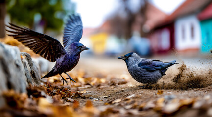 A pair of dark birds on a rustic dirt path, with one bird caught mid-movement, poised to take flight with outstretched wings.