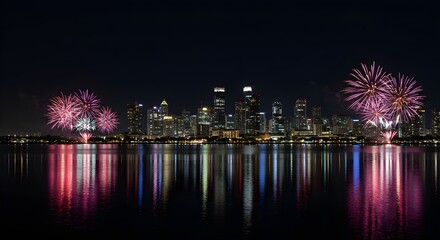 Fireworks illuminate Tampa skyline at night. Celebratory scene for design, marketing, editorial use.