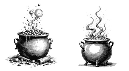 Bubbling cauldron with bubbles and steam in black and white sketch for Halloween  