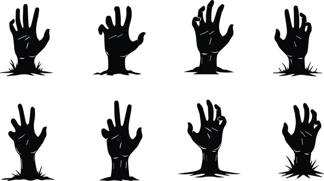  set of eight zombie hands emerging from the ground, isolated on white background