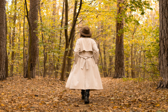 Back view of an elegant woman in a coat and wide-brimmed hat walking alone through an autumn park covered with colorful leaves