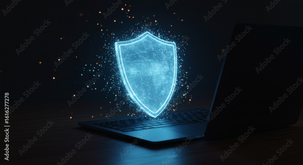 Poster futuristic cybersecurity concept with a glowing blue shield icon protecting a laptop. digital data p