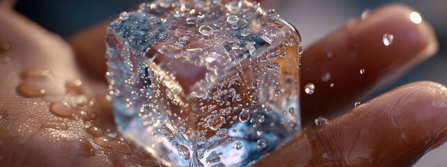 Crystal Clarity: Hand Holding Ice Cube with Dewy Details