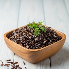 Vibrant rice in a minimalist bowl with a delicate garnish, softly lit in a bright studio.