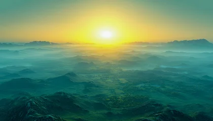 Gordijnen Majestic mountain landscape at sunrise with vibrant colors and misty valleys © Daria