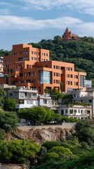 Obraz premium A stunning temple rests on top of a hill, surrounded by trees and under a vibrant blue sky, showcasing peaceful beauty and solitude.