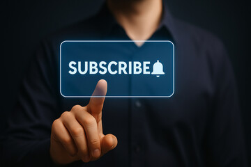 Man Tapping Virtual Subscribe Button with Bell Icon in Futuristic Interface for Website Notification, Marketing, and Subscription Concepts