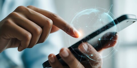 Person touching smartphone screen with glowing digital globe overlay mobile phone hand