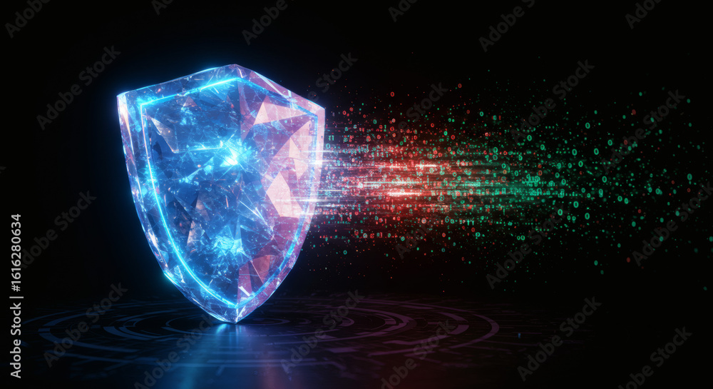 Poster advanced digital defense system symbolized by a glowing shield repelling a cyber attack on a dark ba