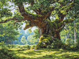 Majestic ancient tree amidst a lush green forest in daytime
