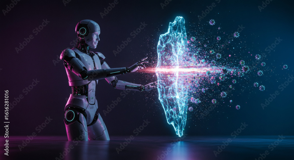 Aufkleber an advanced humanoid robot generates a shimmering energy shield to defend against a powerful incomin