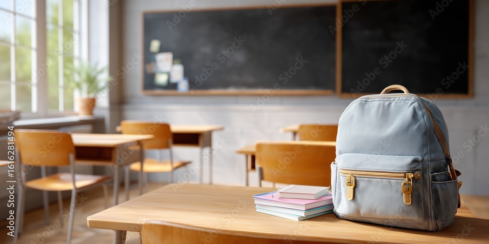 Poster Classroom with empty desks and a backpack resting on a desk near a blackboard in a bright learning environment