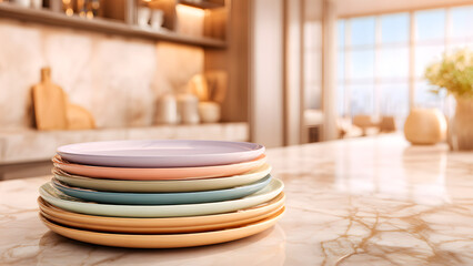 Stack of pastel-colored plates on a marble countertop in a bright, modern kitchen.