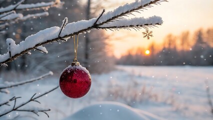 This stunning image captures a serene winter scene, highlighting a glistening red bauble against a backdrop of snow-laden trees and the warm glow of the setting sun.