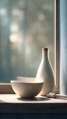 Still life with vase, bowl and stones reflecting light on a wooden surface.