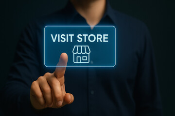 Modern man tapping digital visit store button with glowing storefront icon for online shopping, eCommerce business, or marketing interface