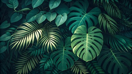 Vibrant tropical foliage with lush green monstera and palm leaves creates a serene natural backdrop