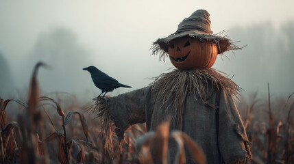 Halloween scarecrow with crow in foggy cornfield