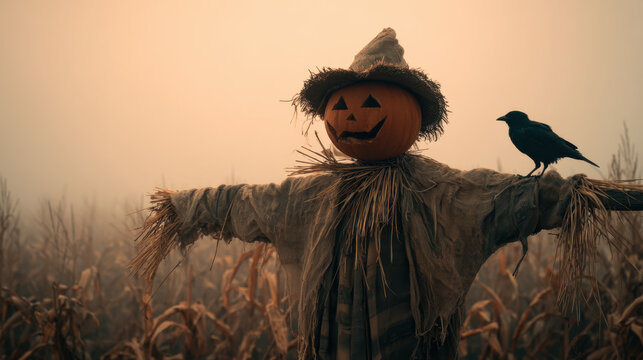 Halloween scarecrow with crow in foggy cornfield