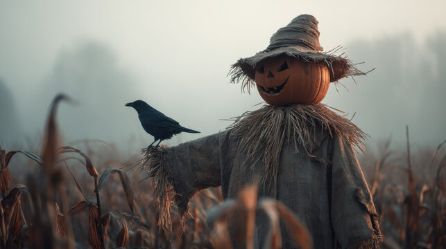 Halloween scarecrow with crow in foggy cornfield
