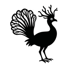 Fototapeta premium Silhouette of a fantastical bird with antler like head feathers and a fan tail design element