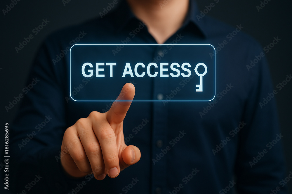 Poster photo-realistic hand pressing glowing get access button with key icon, professional ui concept for w