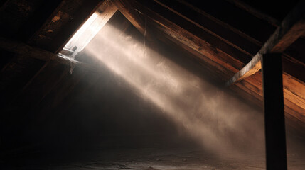Dusty old attic with sunlight streaming through window