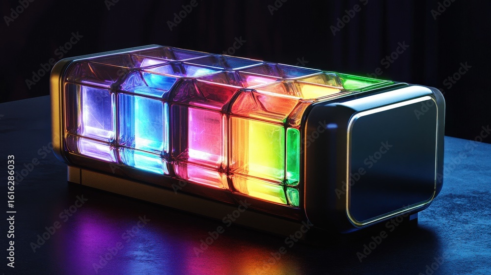 Poster Illuminated rectangular box with vibrant color-changing light displays.